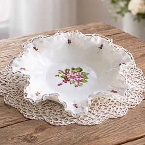 Vintage, Milk Glass, Ruffled Edge Bowl. Hand Painted, Floral, Silver Crest. G2MC